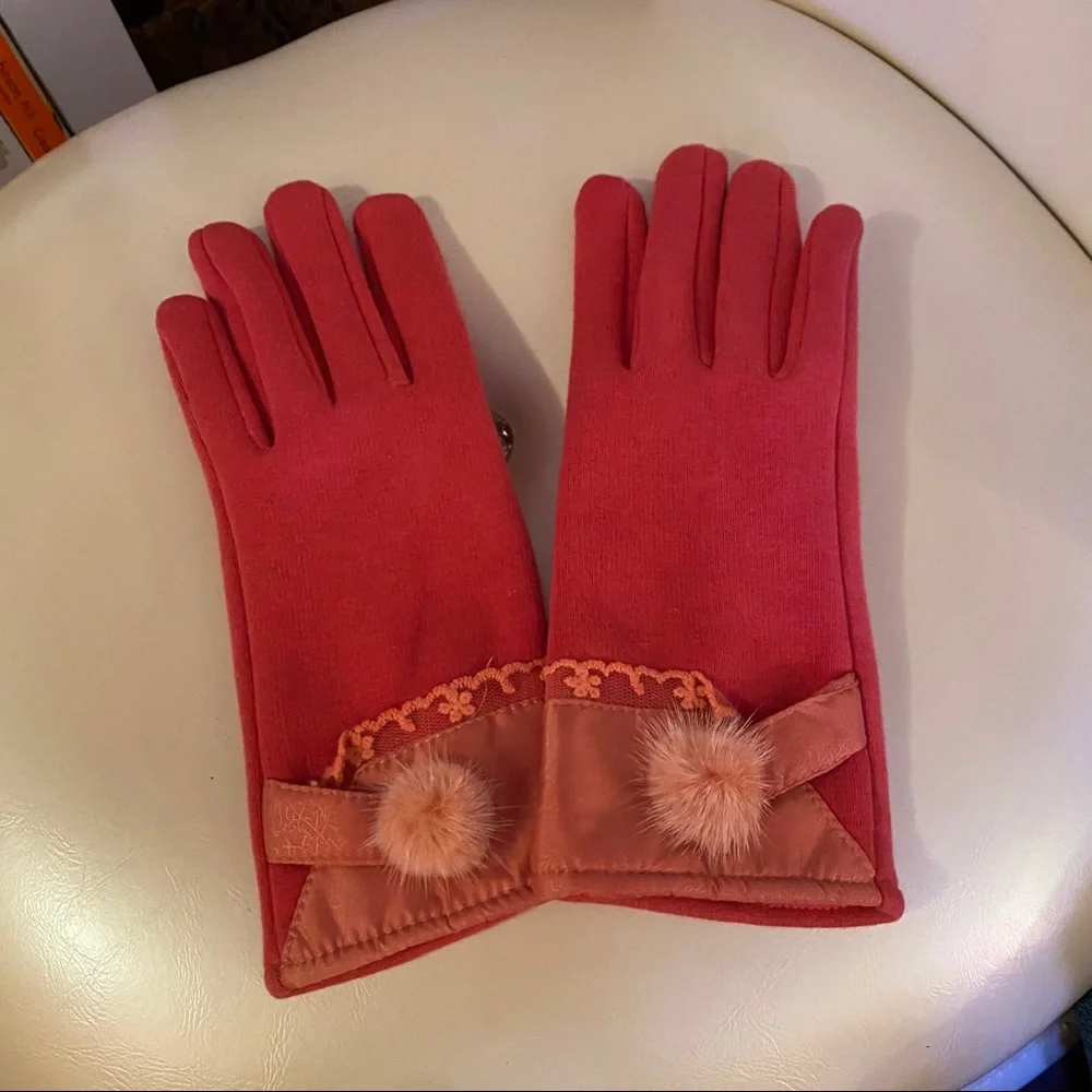 Pink Fur Pom Pom Lace Fleece Lined Gloves